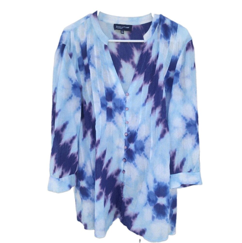 Jones New York Top Womens Blouse XL Purple Blue Crinkle Tie Dye Boho Pleated